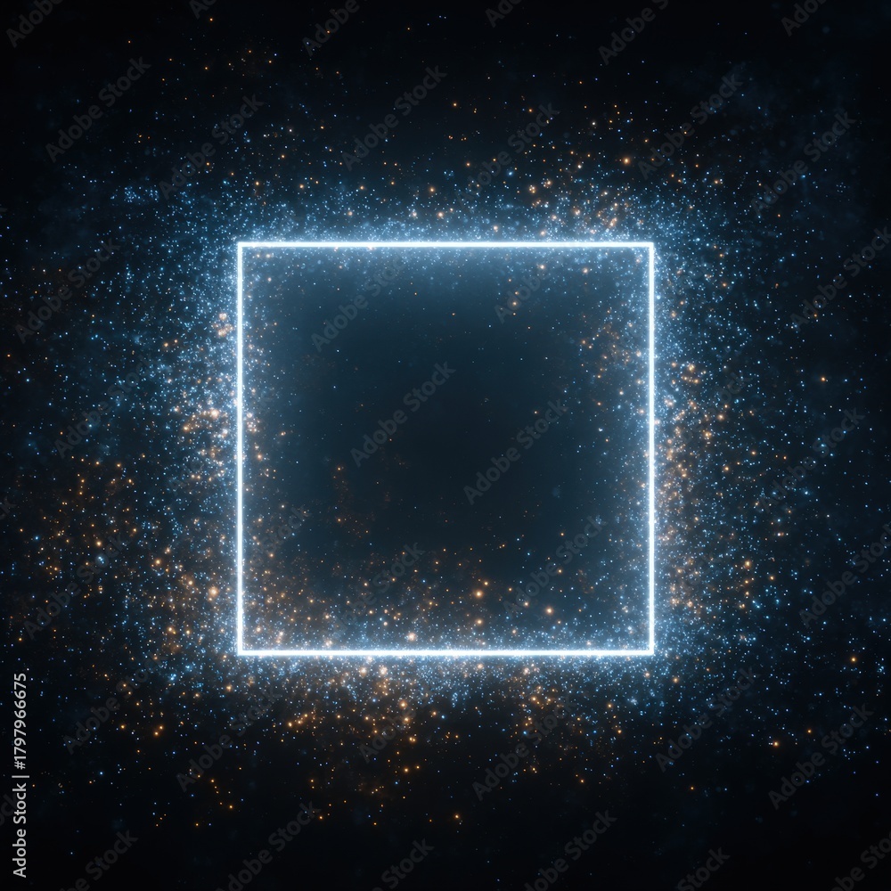 Fototapeta premium neon square frame, surrounded by dynamic, swirling blue, orange digital particles against dark background. Ideal for technology, abstract backgrounds, digital portals, cinematic effects