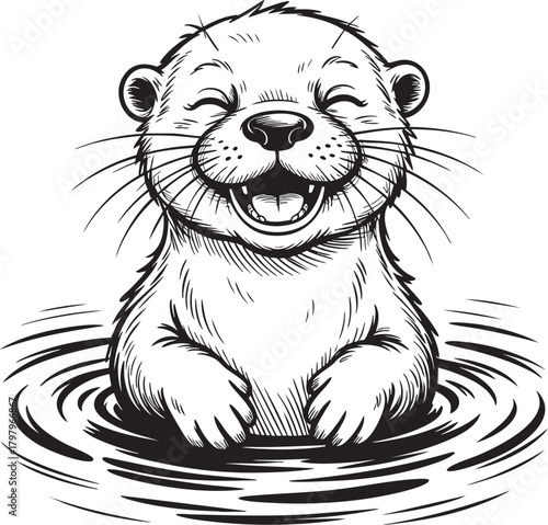A black and white sketch depicts a happy otter with its eyes closed, mouth open in a laugh, emerging from circular ripples in water.
