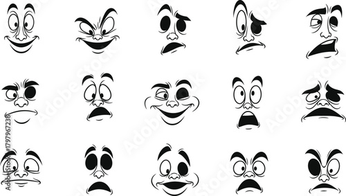 Collection of cartoon character facial expressions showing a range of emotions and reactions