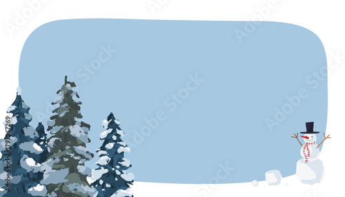 A blue background with a snowman on it and snow covered fir trees. Template for New Year and Christmas banners