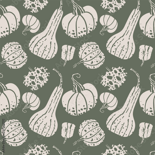 Seamless pattern of pumpkins and squash on a green background