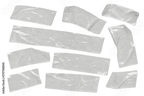 Transparent adhesive tape pieces, some crumpled and wrinkled, creating lines and overlapping shapes. Sticky clear plastic strips. Transparent background