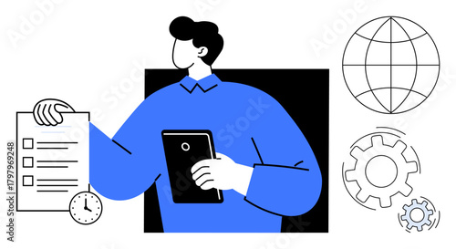 Professional balancing checklist, tablet, clock, globe, and gears to represent productivity, time management, project planning, global operations, teamwork workforce coordination simple flat