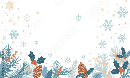 Vector template of a winter holiday scene in flat design style, featuring snowflakes, pinecones, and holly leaves in a minimalist aesthetic, with a serene color
