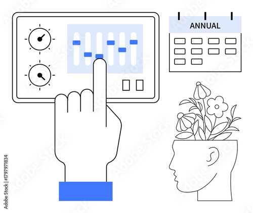 Hand adjusting sliders on a control panel, annual calendar, and blooming flowers in a head symbolizing creativity, strategy, planning, self-growth. Ideal for innovation, mindfulness, organization
