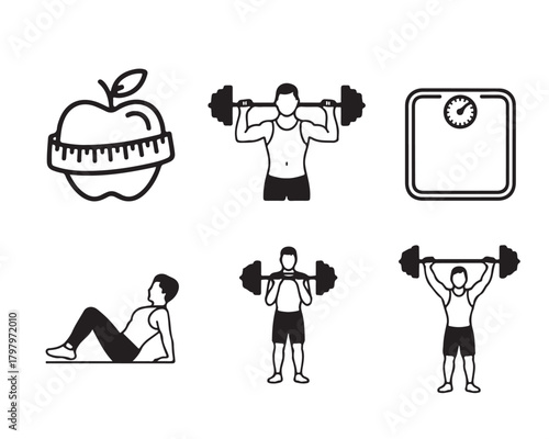 Collection of fitness and healthy lifestyle icons including an apple with measuring tape weightlifting and a scale silhouette