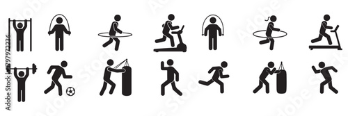 Collection of diverse fitness and exercise activity silhouettes representing healthy lifestyle and training silhouette