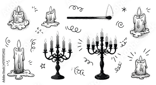 Sketch of various burning candles candlesticks and a matchstick illustration