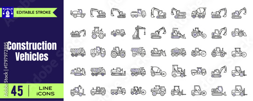 Comprehensive collection of construction vehicles line icons showcasing various heavy machinery such as excavators, dump trucks, bulldozers, and cranes essential for building and earthmoving projects