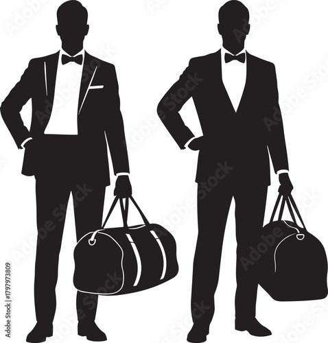 Two elegant men in tuxedos carrying duffle bags silhouette