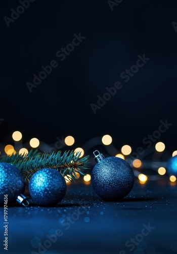 Elegant dark blue Christmas backdrop adorned with shimmering holiday ornaments, glittering snowflakes, and soft bokeh lights ,header, wallpaper, magic