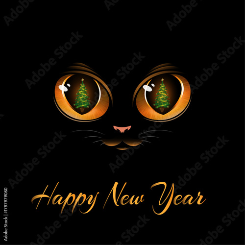 A festive New Year illustration featuring glowing cat eyes with Christmas tree reflections and elegant “Happy New Year” lettering on a dark background.