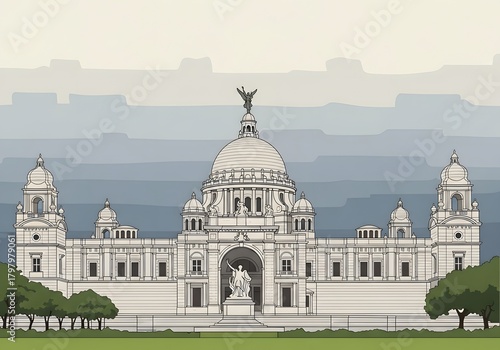 Illustration of the Victoria Memorial, Kolkata, India, a Historic White Marble Building with Trees, Architecture, and Monumental Details, Perfect for Travel and Design Projects.