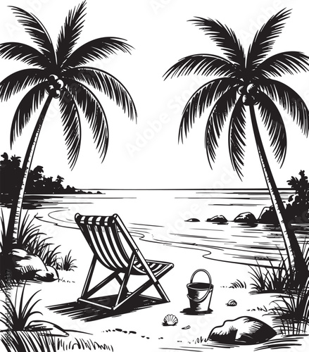 A serene black and white illustration of a tropical beach with palm trees, a lounge chair, and footprints in the sand.