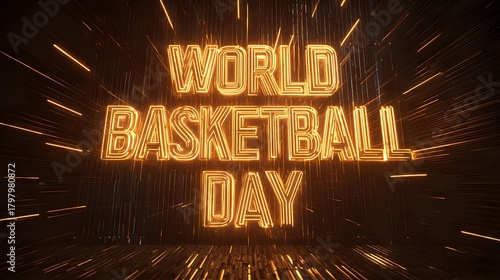 World Basketball Day golden text effect with radial light rays perfect for sports event promotion and social media graphics