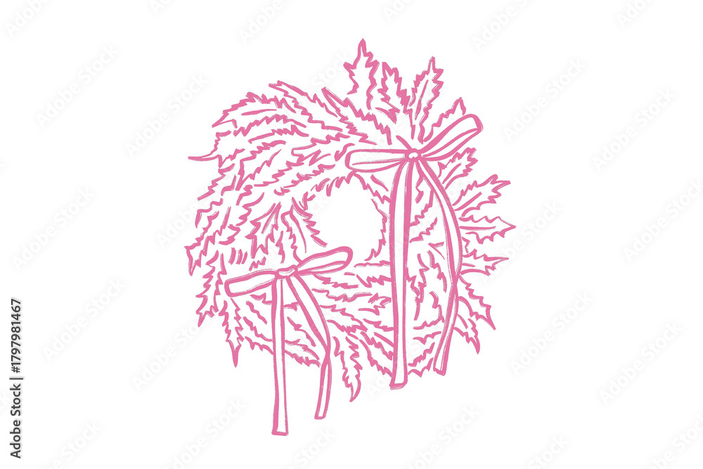 Obraz premium Hand drawn pink christmas wreath with two bows