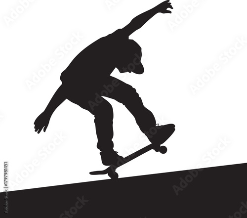 A dynamic silhouette of a skateboarder mid-air, captured against a stark white background, showcasing athletic movement.