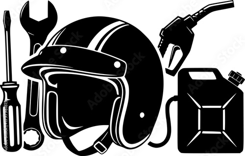 Motorcycle icons: helmet, tools, and fuel essentials in silhouette