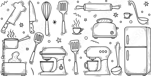Hand-drawn kitchen utensils: whimsical cooking tools and appliances in doodle style

