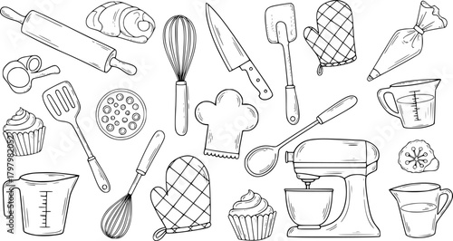 Hand-drawn kitchen utensils and baking tools set in doodle style for culinary design