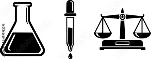 laboratory icons featuring glassware, pipette, and scale