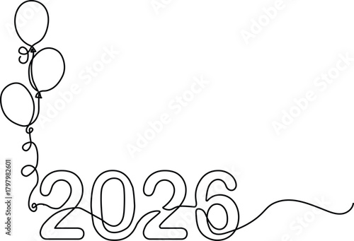 A continuous line art vector illustration of the New Year 2026 celebration