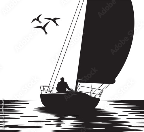 A solitary figure steers a sailboat across calm waters. Three birds fly near a crescent moon in the night sky.