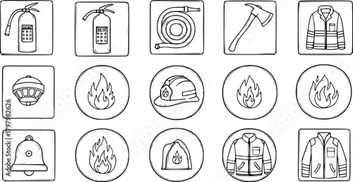 Hand-drawn firefighting equipment icons set for emergency services and safety plans