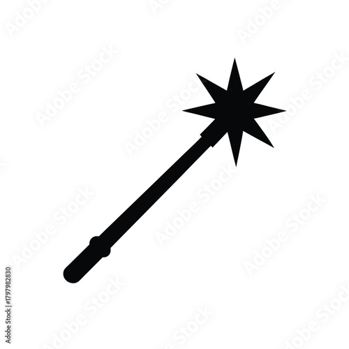 Black silhouette of magic wand with star for performing tricks and creating miracles