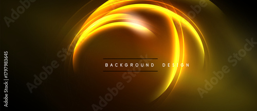 Abstract golden lines create dynamic swirl. Dark background emphasizes bright, glowing curves. Text reads background design. Simple, elegant composition.