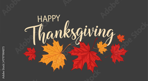 Happy Thanksgiving Greeting Card with Autumn Leaves on Dark Background