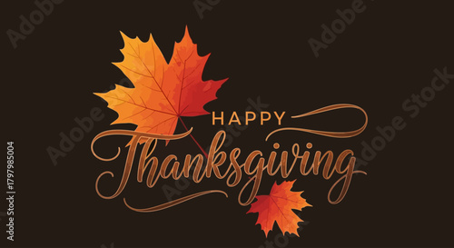 Happy Thanksgiving Greeting with Autumn Leaves on a Black Background