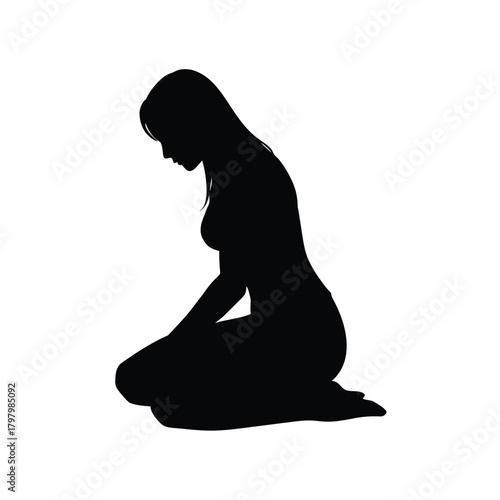 Silhouette of Young Woman Kneeling Down Low with Head Bowed on White Backdrop