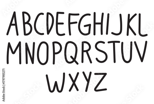 Hand-drawn uppercase alphabet in a playful doodle style on a clean white background.