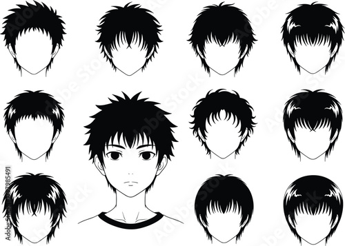 Anime boy hairstyle set, male character hair illustration, manga haircut collection, black and white, editable style sheet, character design reference