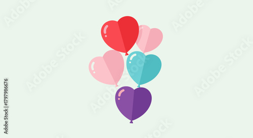 Floating heart-shaped balloons in various colors against a light background creates a delightful