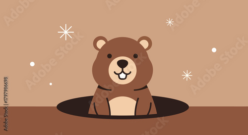 Charming illustration of a groundhog emerging from its burrow on a muted brown background