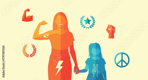 Empowered women vector illustration, depicting motherhood and girl power symbols  on neutral