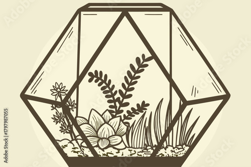 Hand drawn terrarium with plants inside, a decorative glass container with plants