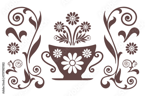 Floral design with flowers in a cup and decorative swirls