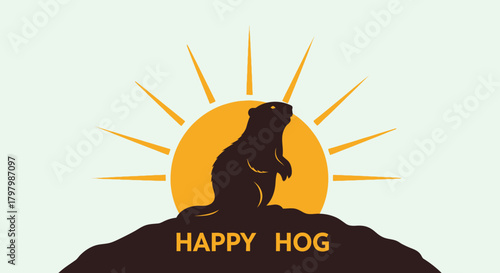 Groundhog Day prediction illustration with sun rays, celebration of the end of winter season