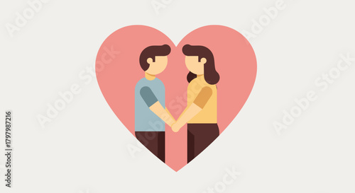 Flat vector illustration depicting a couple holding hands inside a heart, symbolizing love and