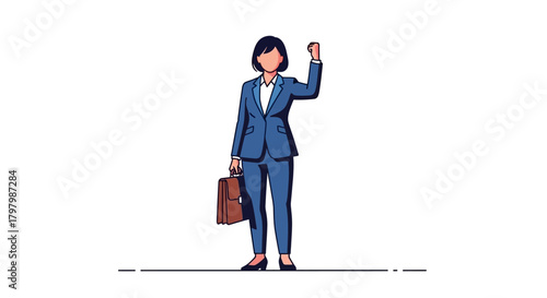 Determined business woman illustration with briefcase, celebrating career success and achievement