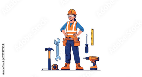 Female construction worker stands confidently amidst tools ready for the job ahead