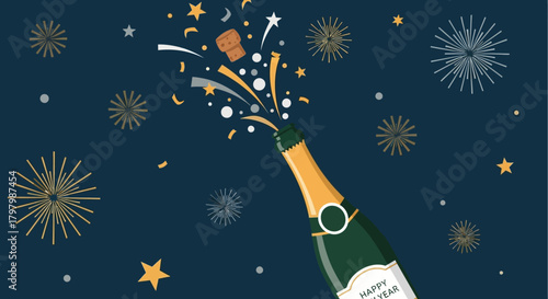 Celebratory illustration depicting a champagne bottle explosion with celebratory elements