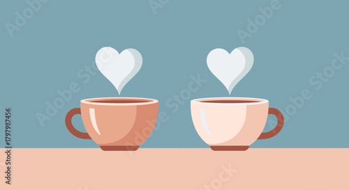 Aromatic Love: Two Coffee Cups Sharing Warmth and Affection with Heart-Shaped Steam