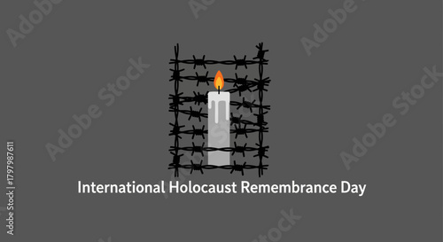 Solemn illustration of a lit candle behind barbed wire for Holocaust remembrance day