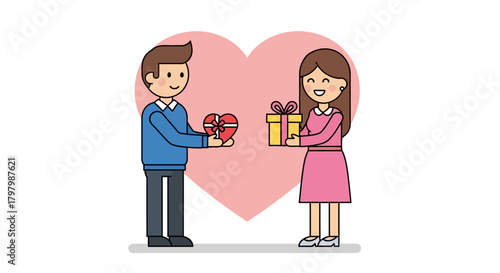 Cartoon couple exchanging gifts in front of a pink heart symbolizing love and affection