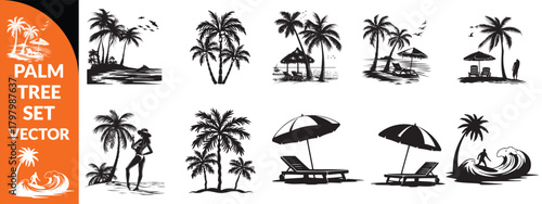 Black palm tree set vector illustration isolated on white background silhouette art black white stock illustration logo icon png. tropical, beach, landscape, pattern, paradise, coconut background  set