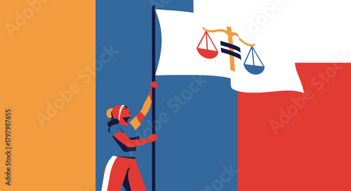 Uplifting Justice: A Woman Raises a Flag Symbolizing Fairness and Equality for all